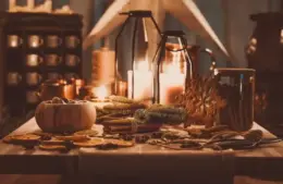 winter decorations, winter altar, table with candles, sacred space