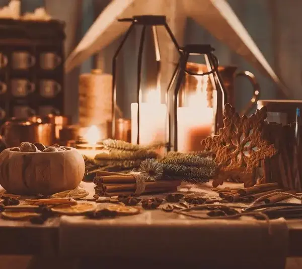 winter decorations, winter altar, table with candles, sacred space