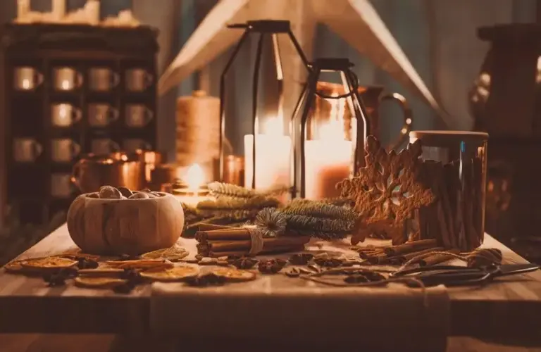 winter decorations, winter altar, table with candles, sacred space