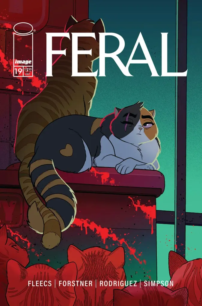 Comic cover titled "Feral" featuring two cats, one sitting on a ledge and the other lying down, with red splatters around them. The mood is tense and mysterious.