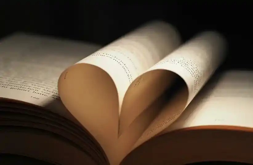 Open book with pages curved into a heart shape, illuminated by soft, warm light, creating a romantic and peaceful atmosphere against a dark background.