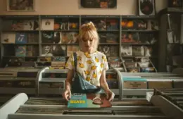 Person looking at record albums in a record store, Elvis,