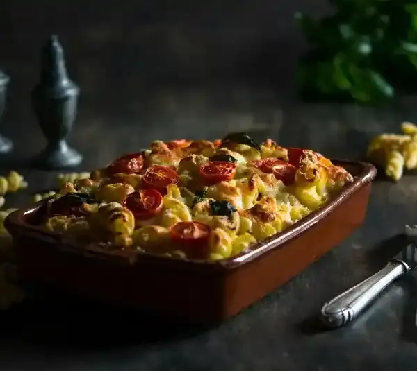 Vegan casserole topped with cherry tomatoes and herbs in a brown dish on a dark surface.