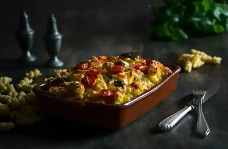 Vegan casserole topped with cherry tomatoes and herbs in a brown dish on a dark surface.