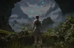 Lara Croft in Tomb Raider: Legacy of Atlantis looking to her Aquarius Zodiac Sign in the sky.