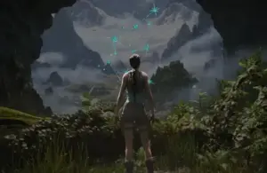 Lara Croft in Tomb Raider: Legacy of Atlantis looking to her Aquarius Zodiac Sign in the sky.