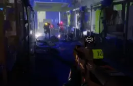 Marathon battle scene with three character inside a blue, yellow, and grey darkened hallway backlit with a white light