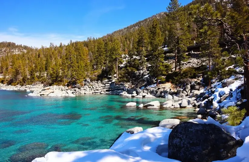 Lake Tahoe, United States, lake with snow and trees