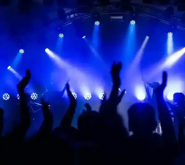 Silhouetted crowd with raised hands at a concert, illuminated by vibrant blue stage lights, creating an energetic and lively atmosphere as music from a 2025 pop album plays.