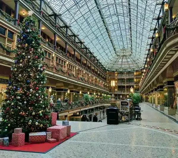Cleveland Arcade, Cleveland, United States, shopping mall decorated for Christmas, holiday shopping