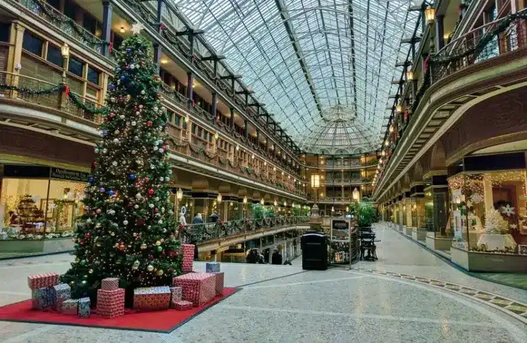 Cleveland Arcade, Cleveland, United States, shopping mall decorated for Christmas, holiday shopping