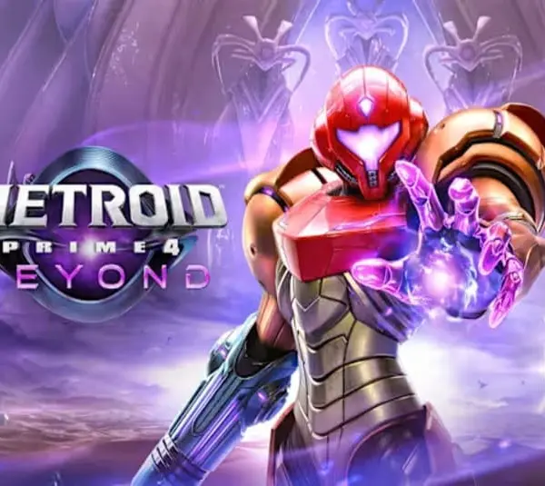 Samus in red, orange, and gold power armor, reaches out, emitting a glowing aura, alongside the title "Metroid Prime 4 Beyond" in a cosmic, otherworldly setting.