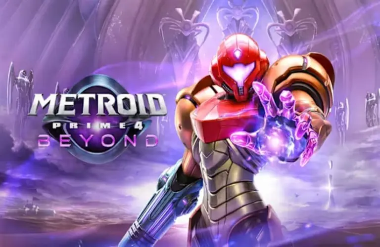 Samus in red, orange, and gold power armor, reaches out, emitting a glowing aura, alongside the title "Metroid Prime 4 Beyond" in a cosmic, otherworldly setting.