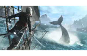 Sailor on a ship faces a whale's tail splashing dramatically in the ocean. The scene is dynamic and adventurous with a clear sky above. Black Flag Remake, Courtesy of Ubisoft and Ubisoft Montreal.