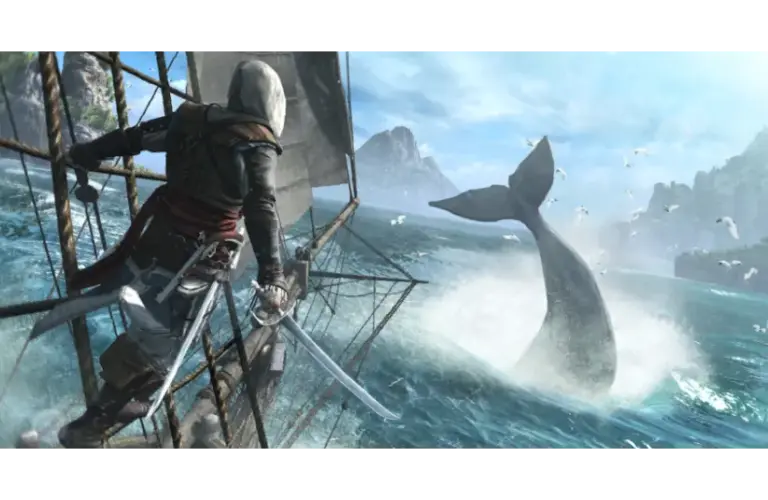 Sailor on a ship faces a whale's tail splashing dramatically in the ocean. The scene is dynamic and adventurous with a clear sky above. Black Flag Remake, Courtesy of Ubisoft and Ubisoft Montreal.