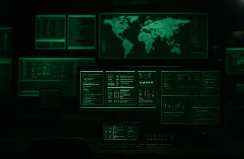 Multiple computer screen with green information on them