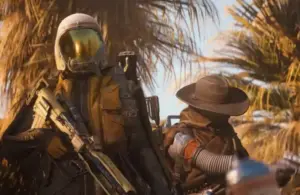 ARC Raiders two heavily armed characters in an outside setting with palm trees assessing a situation