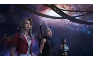 Three characters stand under a swirling, vibrant galaxy with awe. Their expressions are captivated, with cosmic colors illuminating their faces. Aerith, Cloud and Tifa from FF7 Remake, Courtesy of Square Enix
