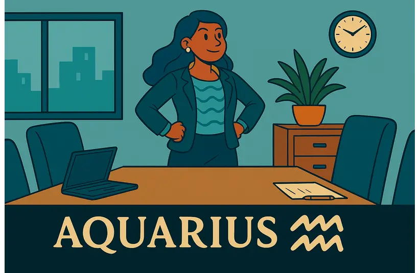 An image of Aquarius dressed for business standing at the head of a conference table with fists on hips. The word Aquarius and the zodiac symbol for Aquarius are present.