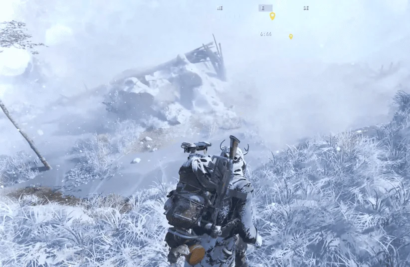 Arc Raider looking out into the white plain scanning for threats and candleberries for Flickering Flames event