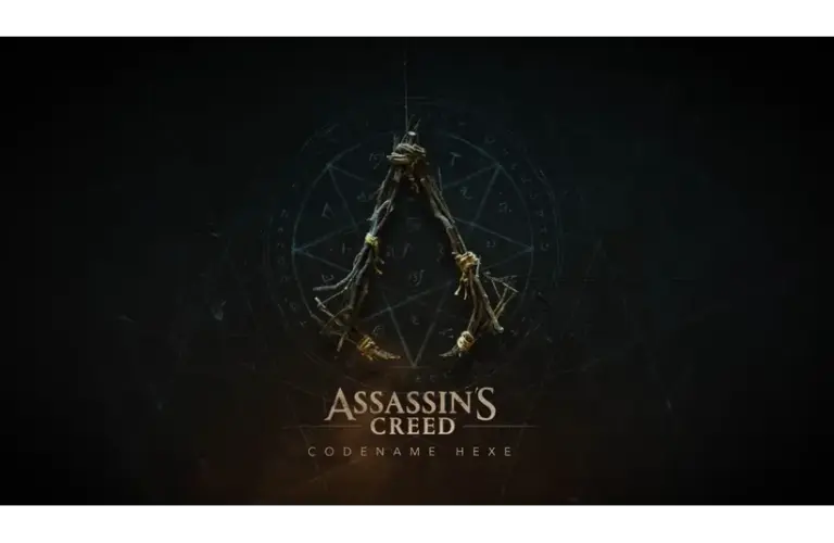 Logo for "Assassin's Creed: Codename Hexe" features a dark, mystical theme with twig-based emblem, circular symbols, and an eerie, mysterious atmosphere.