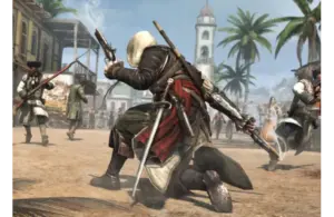 Hooded figure in action pose holding a gun and sword amidst a chaotic scene. Soldiers in period uniforms attack under palm trees in a colonial town. Ubisoft Black Flag Remake, Courtesy of Ubisoft and Ubisoft Montreal.