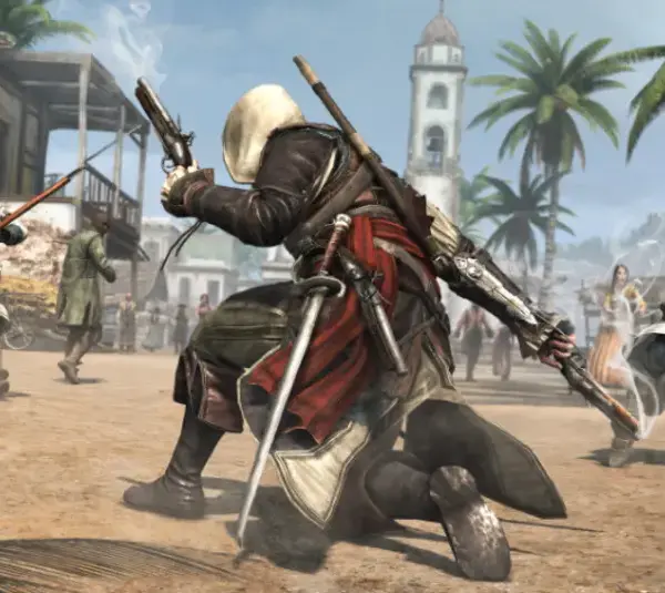 Hooded figure in action pose holding a gun and sword amidst a chaotic scene. Soldiers in period uniforms attack under palm trees in a colonial town. Ubisoft Black Flag Remake, Courtesy of Ubisoft and Ubisoft Montreal.