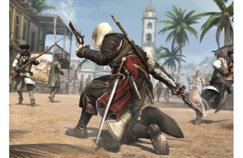 Hooded figure in action pose holding a gun and sword amidst a chaotic scene. Soldiers in period uniforms attack under palm trees in a colonial town. Ubisoft Black Flag Remake, Courtesy of Ubisoft and Ubisoft Montreal.