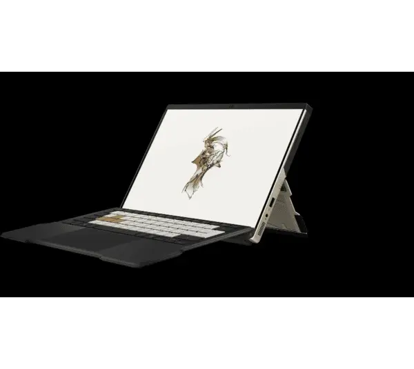 A sleek laptop with a detachable keyboard is displayed against a black background. The screen shows a digital sketch of a stylized human face. Image courtesy of KOJIMA PRODUCTIONS Co., Ltd./HIDEO KOJIMA and ASUSTeK Computer Inc.