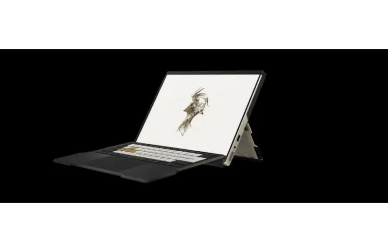 A sleek laptop with a detachable keyboard is displayed against a black background. The screen shows a digital sketch of a stylized human face. Image courtesy of KOJIMA PRODUCTIONS Co., Ltd./HIDEO KOJIMA and ASUSTeK Computer Inc.