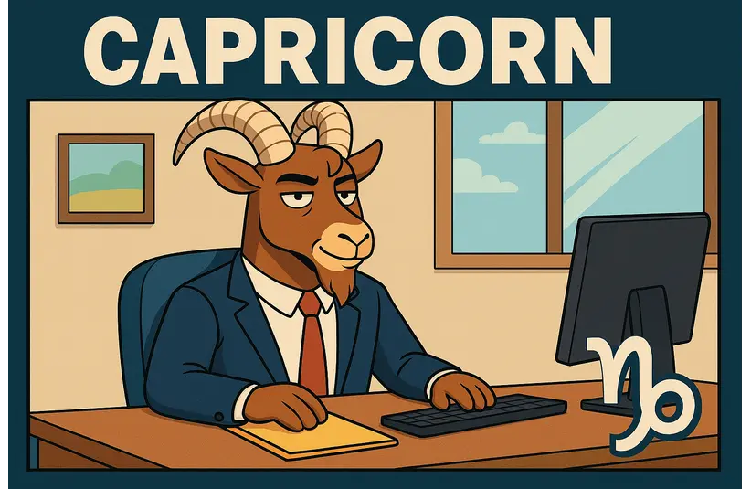 Image of anthropomorphic Capricorn sitting at a desk in an office. The word Capricorn and the zodiac symbol are present