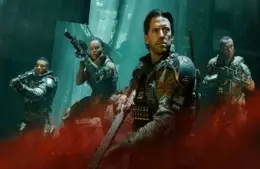 A futuristic city street battle scene in Black Ops 7 with armored soldiers. One aims a rifle, another crouches with a pistol. Neon-lit signs and debris set a tense tone.