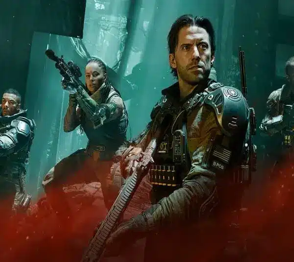 A futuristic city street battle scene in Black Ops 7 with armored soldiers. One aims a rifle, another crouches with a pistol. Neon-lit signs and debris set a tense tone.