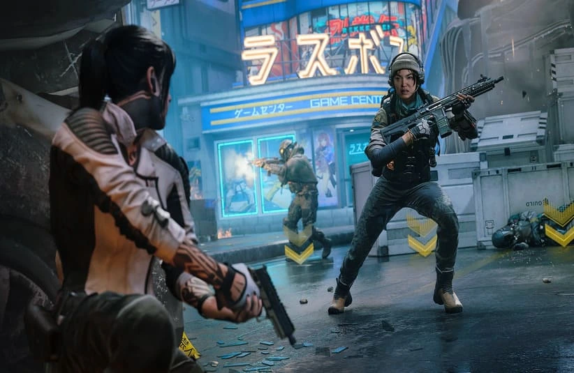 A tense urban standoff in Black Ops 7. Three armed figures, two confronting each other, with neon lights and Japanese signage in the background.
