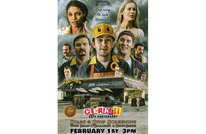 Illustrated poster for "Clerks II" 20th anniversary. A central character in a worker's uniform holds a ring. Others look on. Date and event details below.
