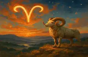 Aries represented by a ram overlooking a valley at sunrise.