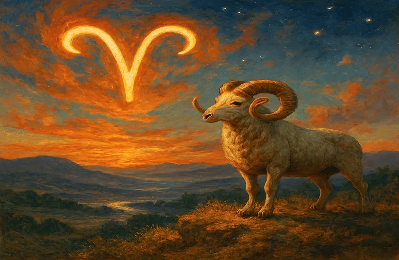 Aries represented by a ram overlooking a valley at sunrise.