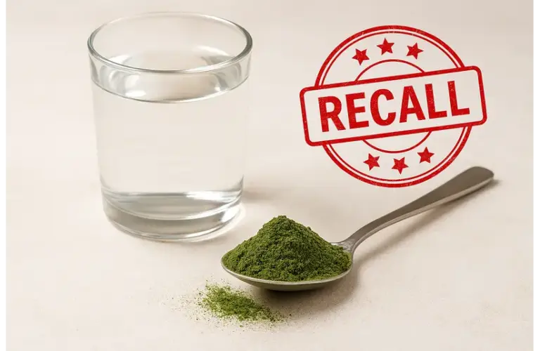 A glass of water and a spoonful of Live It Up Super Greens green powder sitting on a table. A red "RECALL" stamp overlays the scene, suggesting a warning or alert.