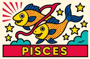 Two fish swimming in stars to represent the sign of Pisces, in pop art style.