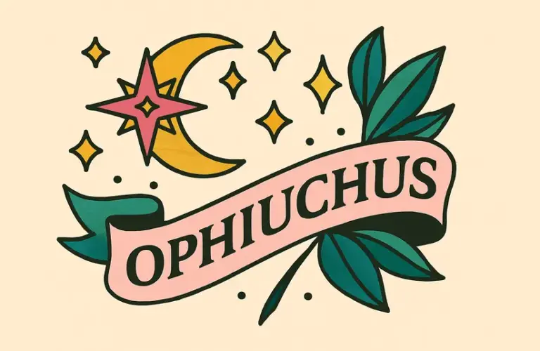 A classic tattoo style image of a crescent moon to represent the sign of Ophiuchus.