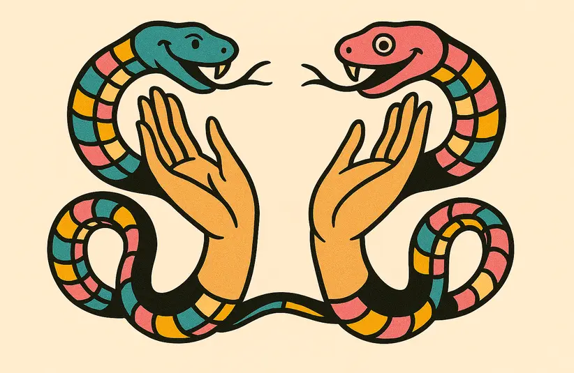 Inspired but the sign of Ophiuchus, a pair of serpents guide healing hands in a classic tattoo style image.