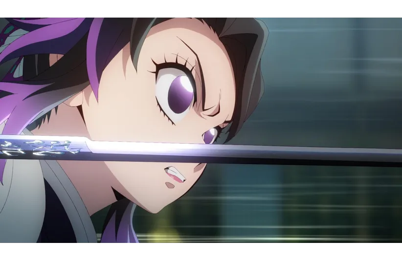 Demon Slayer's Shinobu Kocho with intense expression grips a katana