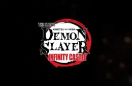 Logo for "Demon Slayer: Infinity Castle" movie. Bold white text on a dark background with a red, circular brushstroke design, conveying intensity.