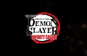 Logo for "Demon Slayer: Infinity Castle" movie. Bold white text on a dark background with a red, circular brushstroke design, conveying intensity.