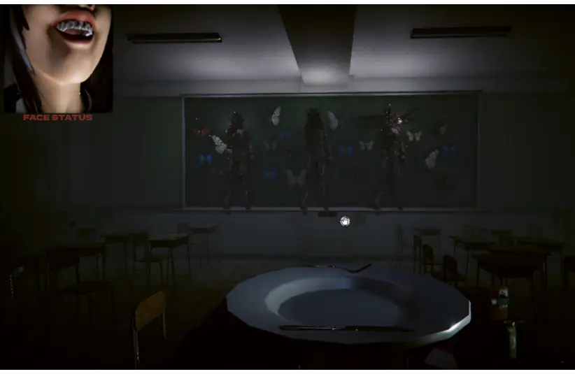 Don't Stop Smiling's Japanese classrooms with three corpses or ghosts hanging on a chalk board, hold your face and smile as you investigate