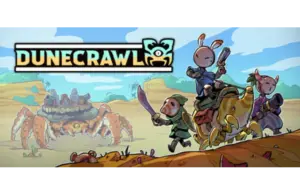 Illustration of three characters with rabbit ears in a desert, riding a mechanical creature, with the title "DUNECRAWL" above. A large crab-like machine is in the background. DuneCrawl, Courtesy of Alientrap.