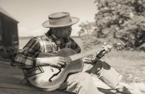 Award-winning blues icon Eric Bibb plays guitar outdoors.