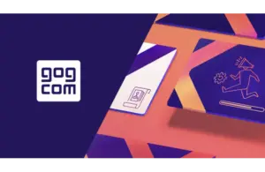 GOG.com logo on a purple background, with stylized icon cards showing a running figure and a scroll on a gradient backdrop, conveying a dynamic tech vibe. GOG.com, courtesy of GOG sp. z o. o.