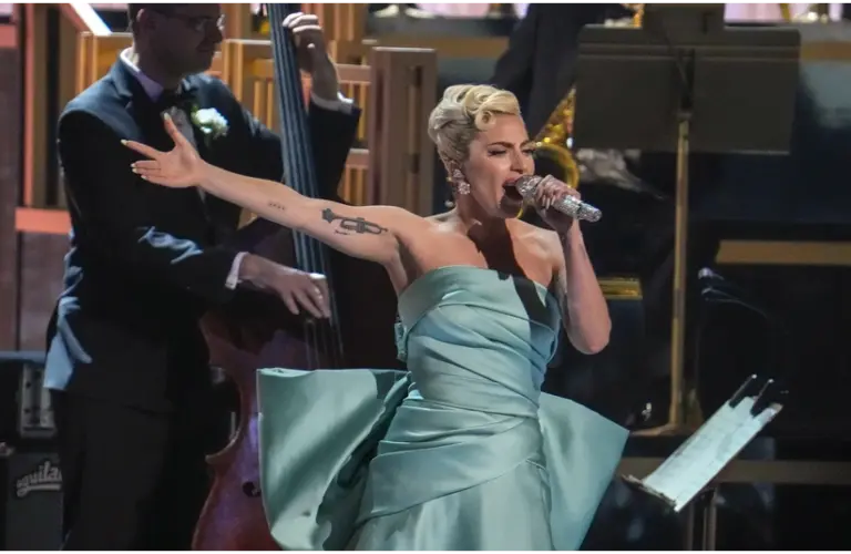 Apr 3, 2022; Las Vegas, NV, USA; Lady Gaga performs during the 64th Annual Grammy Awards at the MGM Grand Garden Arena in Las Vegas.