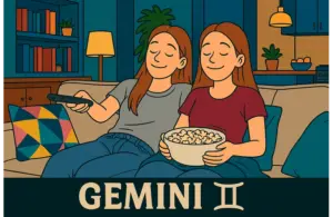 Image of zodiac sign Gemini relaxing on a couch while watching TV
